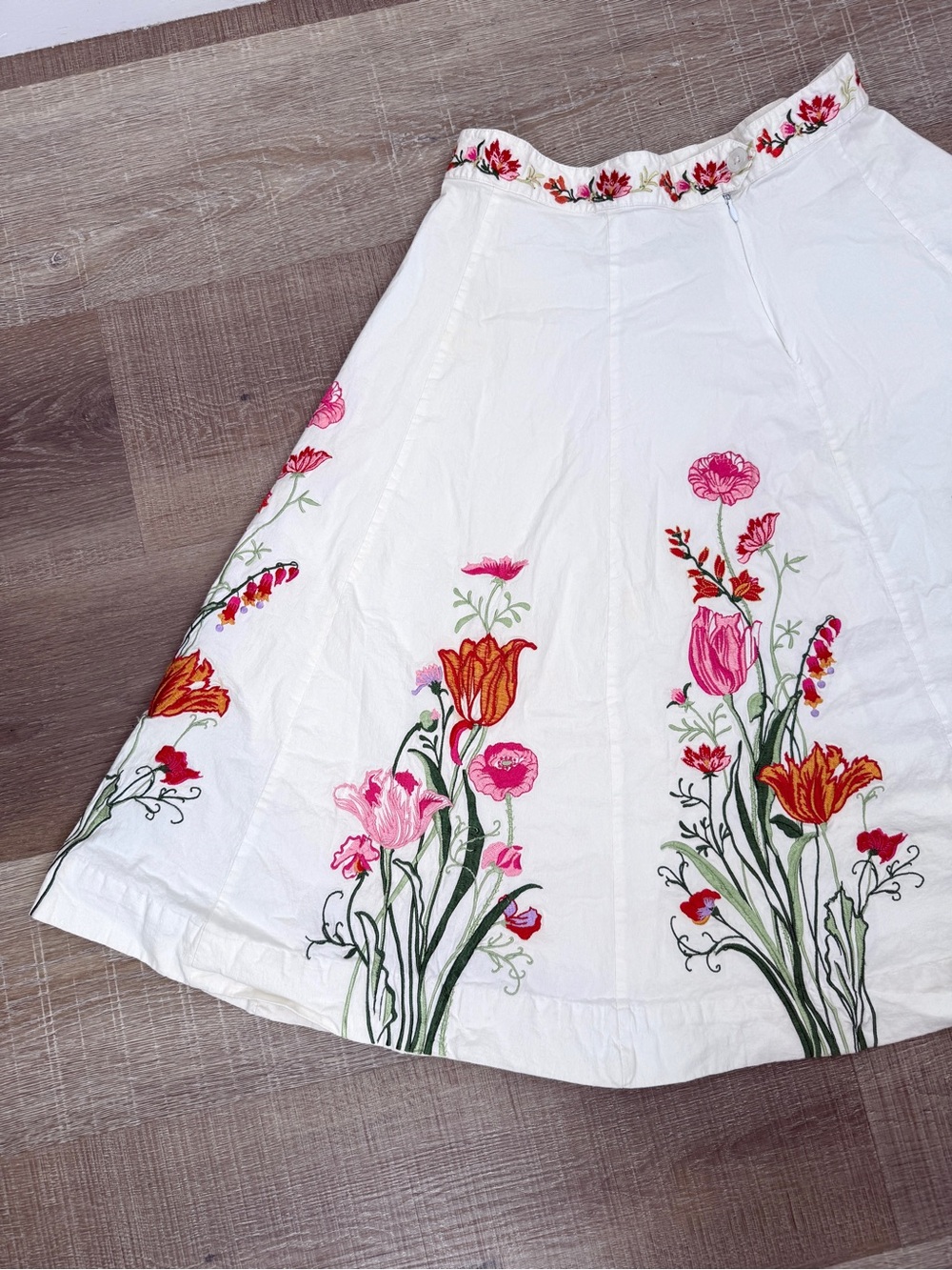 Elevenses Anthropologie Size 6 White Embroidered Floral A-Line Skirt - Picture 11 of 12